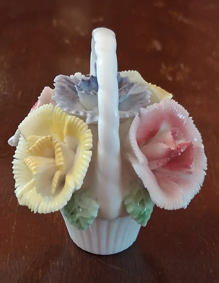 Sweet Vintage Basket of Porcelain Flowers Yellow Pink Lilac 2.5"