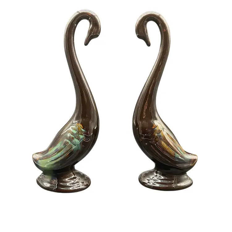 Vtg MCM Drip Glaze Ceramic Swan Sculptures By A Price Import Japan 9.5"H