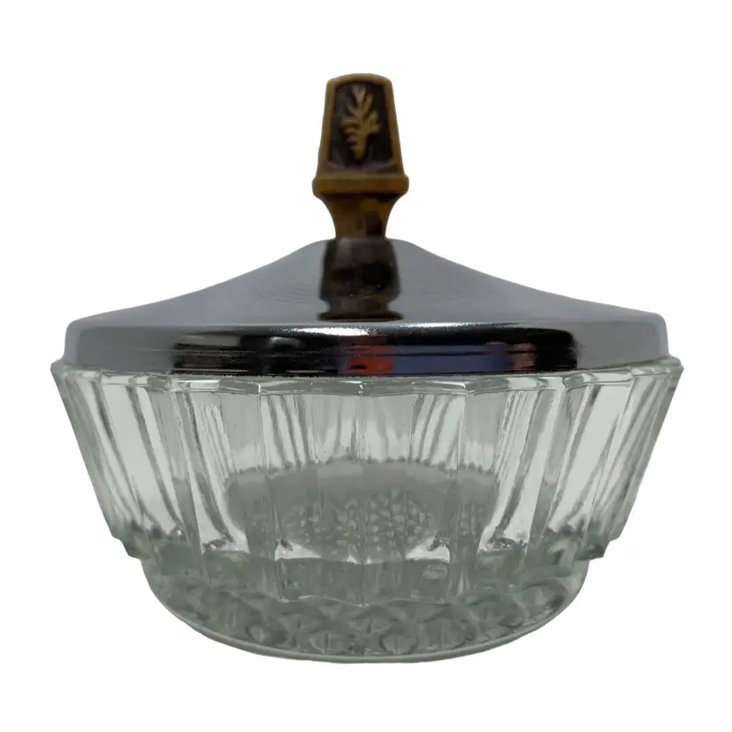 MCM Glass Candy/storage Dish With Chrome Lid And Brown “Wood Look” Plastic Handle