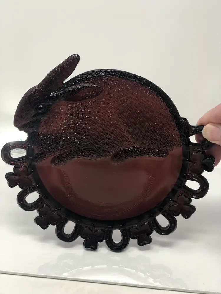 Purple Glass Lucky Rabbit Plate by Westmoreland with Clovers and Horseshoes