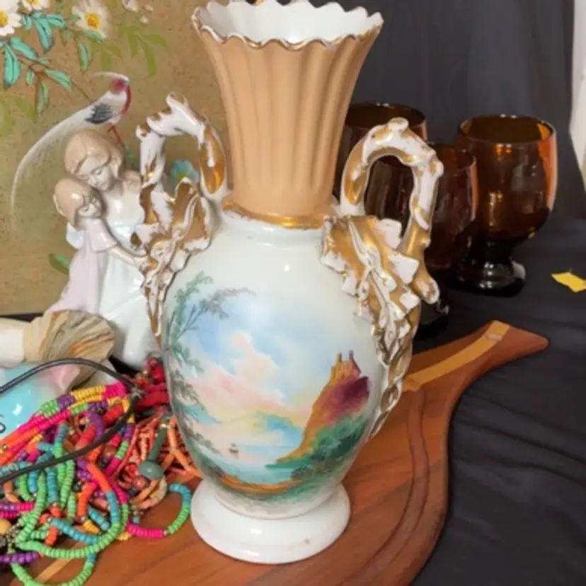 12” Porcelain HANDPAINTED Gilded Vintage Vase