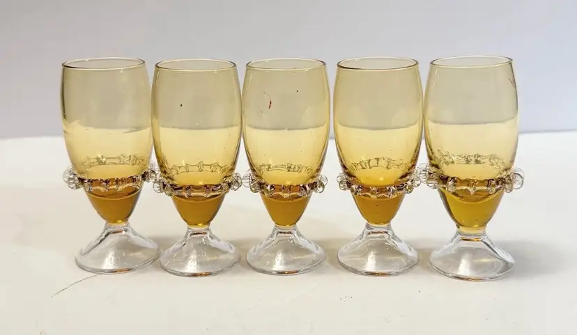 Art Glass Cordial Domed Footed Ruffled Rigaree Amber/Topaz Steve Williams