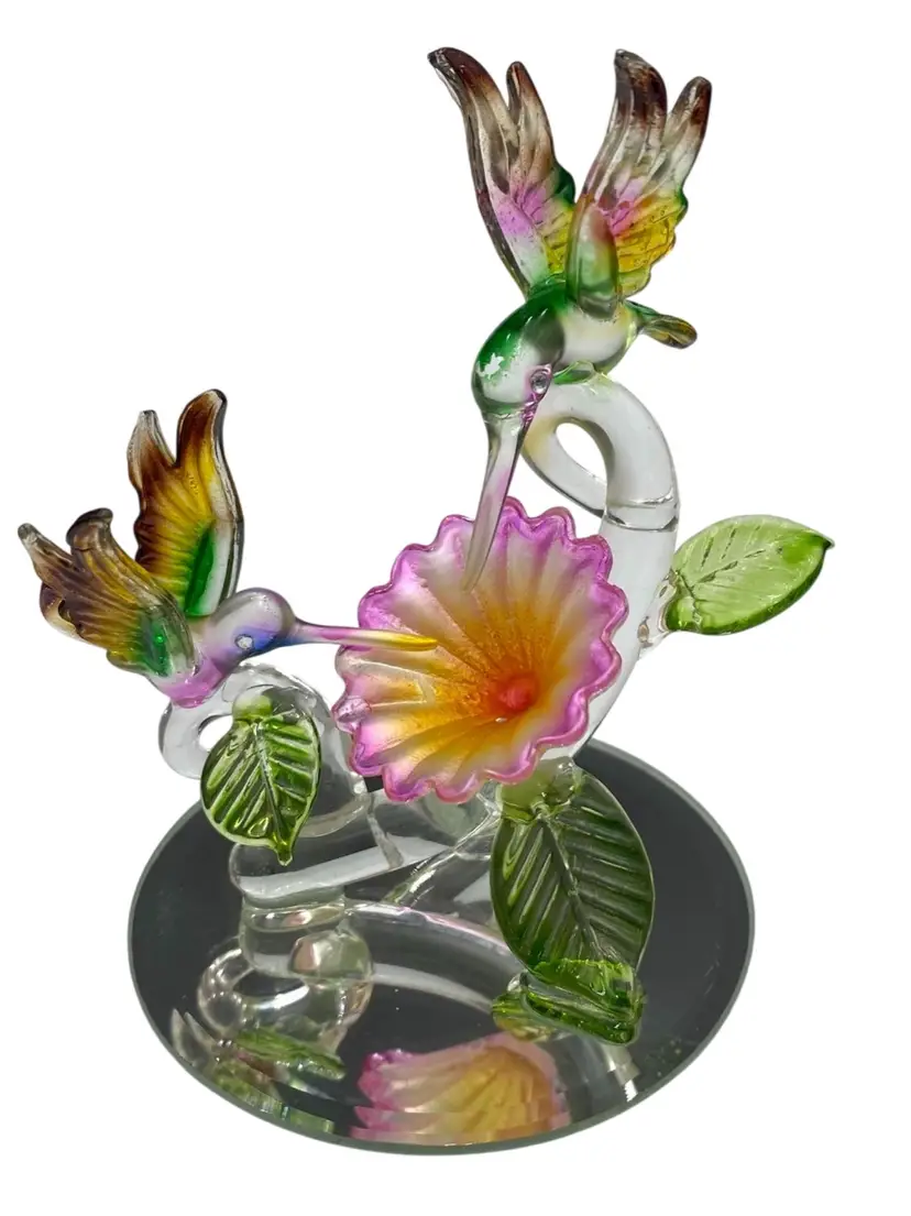 Pair of Hummingbirds, Spun Glass, Flower & Leaves, Mirror Base, 4" x 3.2"