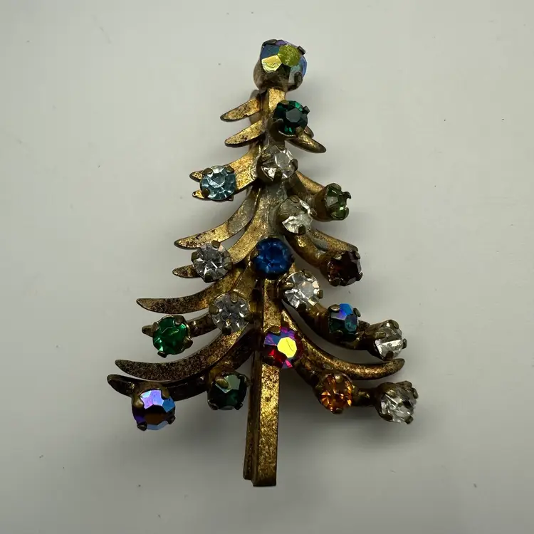 Vintage Signed Made in Austria Christmas Tree Multi-Colored Rhinestone Brooch