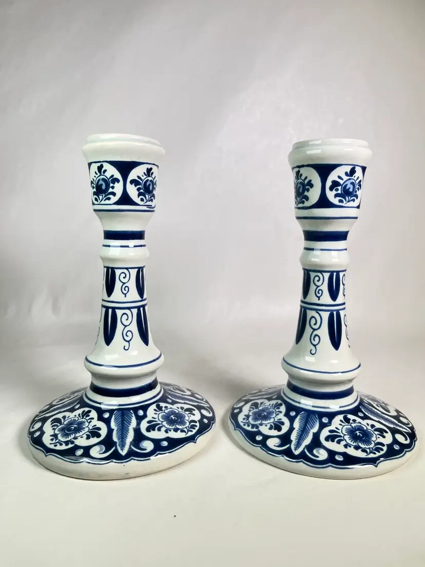 2 Vintage 6" Delft Holland Floral Candlesticks Delftware Midcentury!