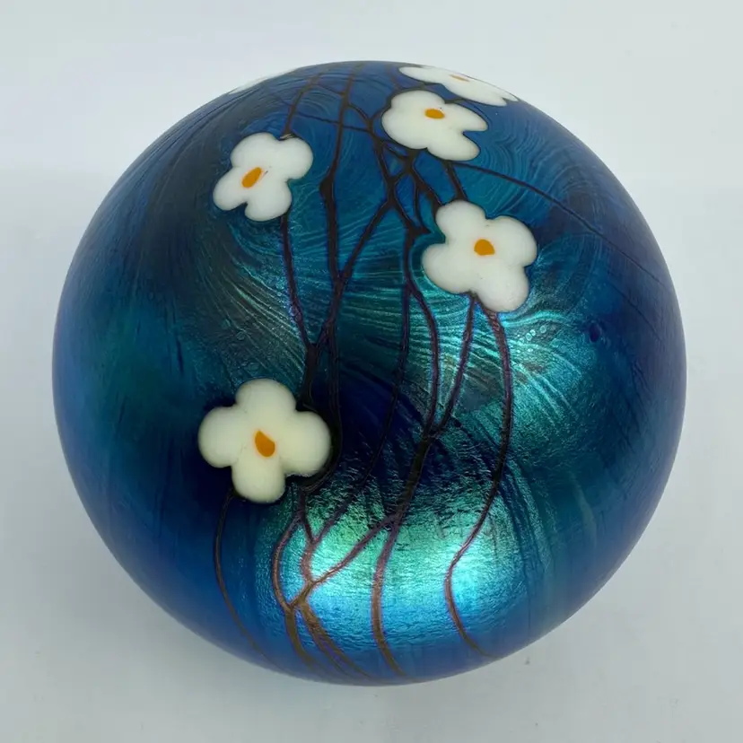 Vintage 1977 Stephen Smyers Art Glass Hand Blown Floral Paperweight Signed 2.75”
