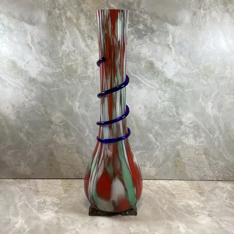 Czech Art Glass End Of Day Ribbed Serpentine Snake Coil Vase Red Green Blue