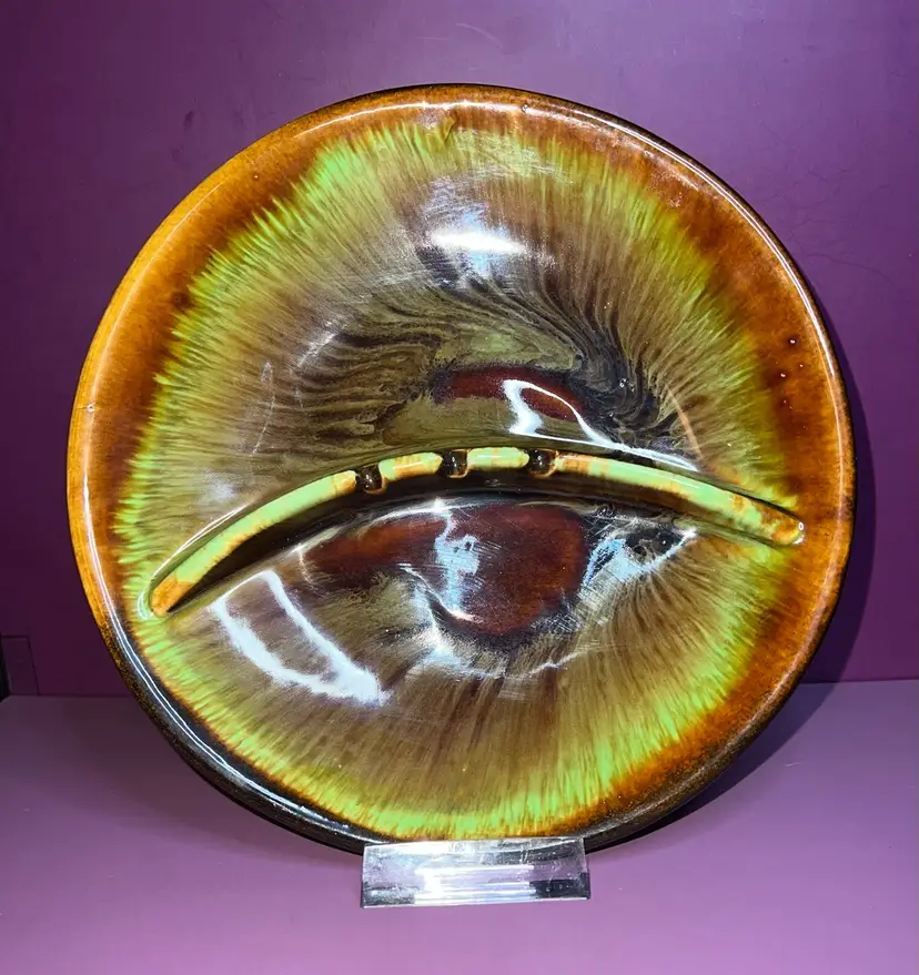 MCM Vintage DeForest Pottery Ashtray Amazing Colors Brown And Green Drip Glaze
