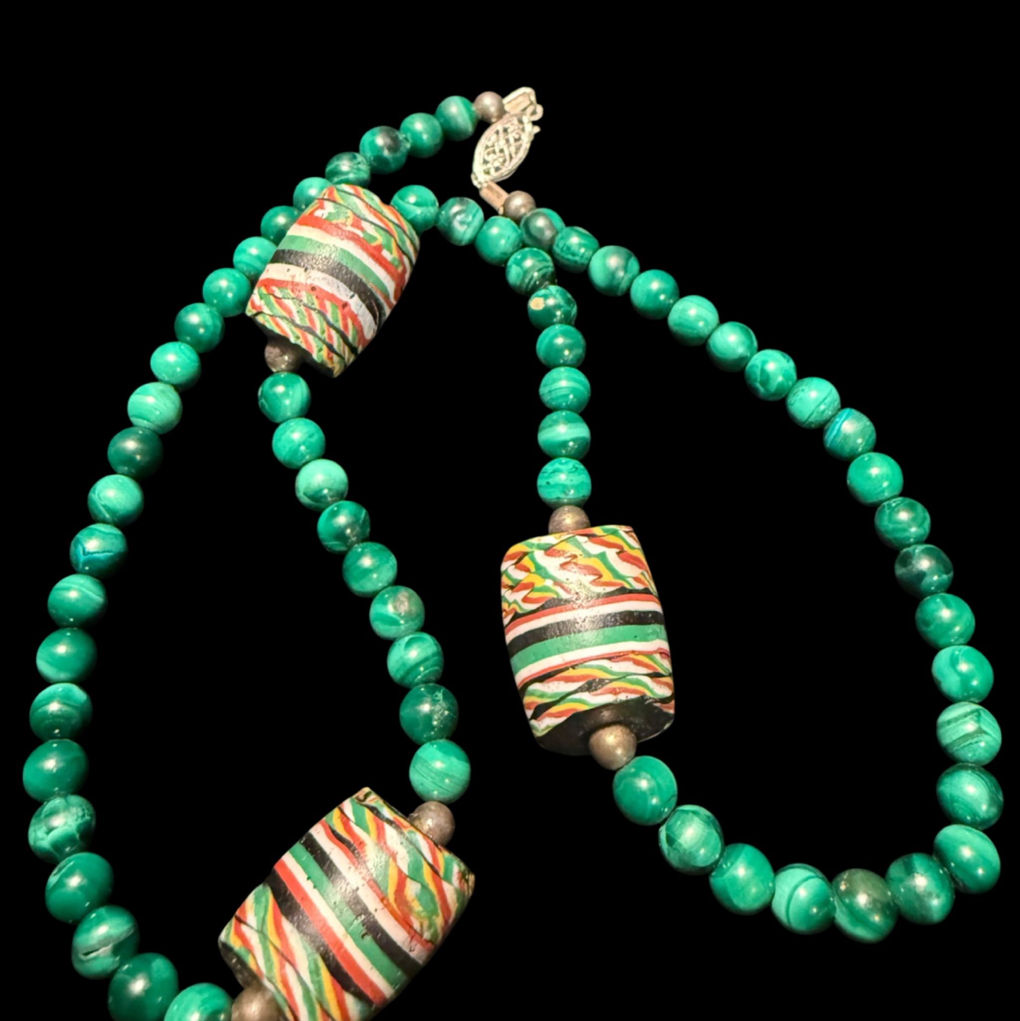 Niknax · Vintage African Powder Krobo Beads Malachite Hand Painted