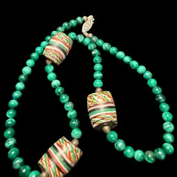Vintage African Powder Krobo Beads Malachite Hand Painted Beaded Necklace – 18”