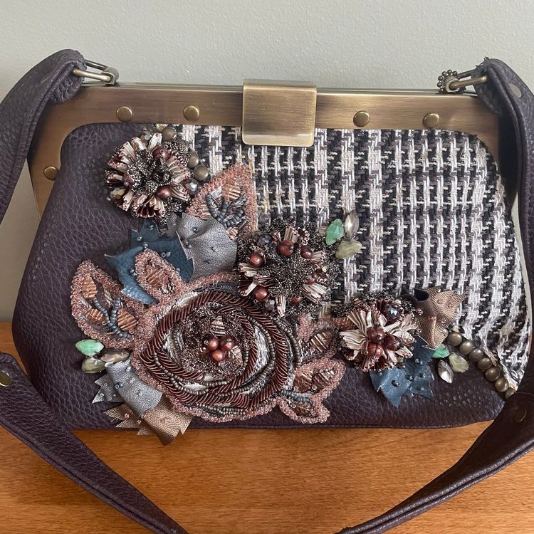 Vintage Mary Frances Embellished Floral Beaded Purse Metal Frame Studded Bag