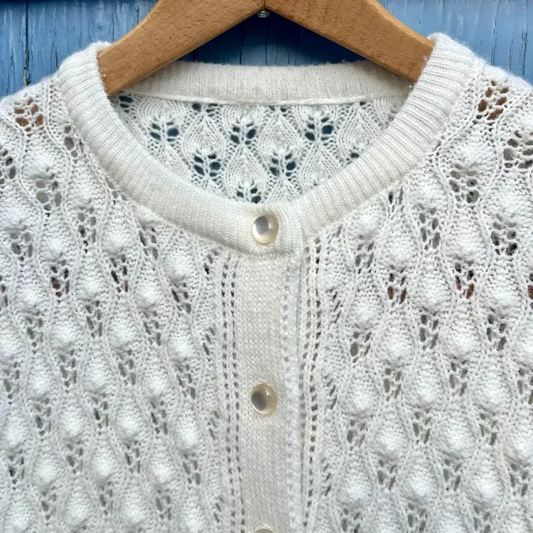 Vintage Wintuk Style Ivory Bubble Knit Cardigan Pearl Button Down Women's