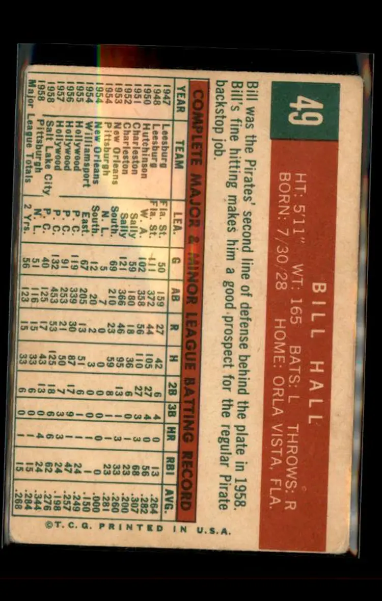 1959 Topps #49 Bill Hall - (pk4) - Pittsburgh Pirates