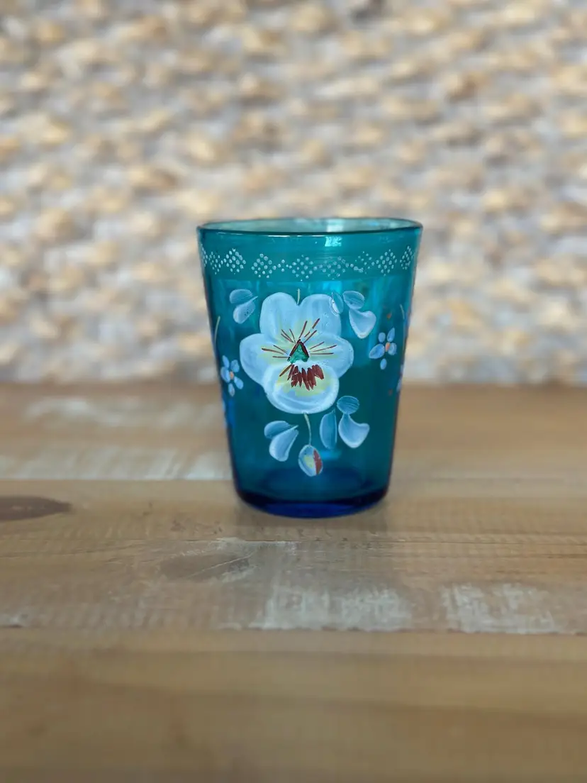 Victorian Blue Glass Tumbler Handpainted White Pansy Flowers 4”