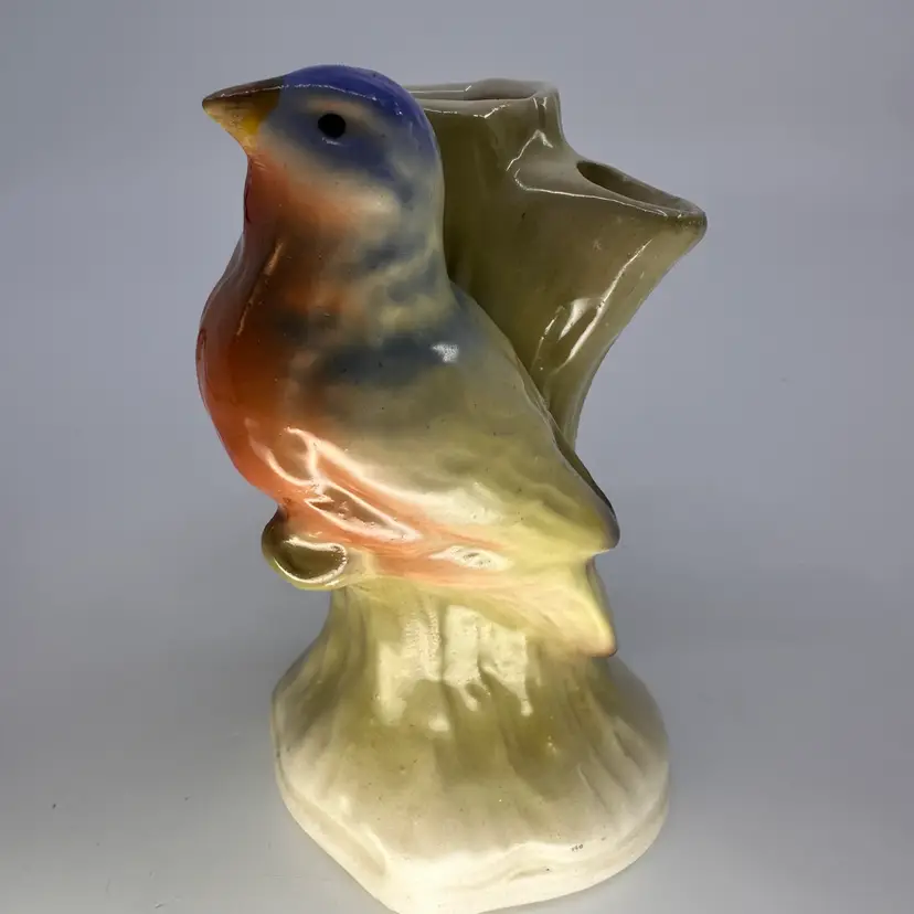 Vintage Czechoslovakian Ceramic Bird On Tree Bud Base Flower Frog 4.5”