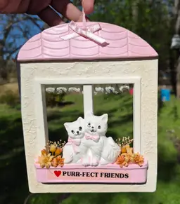 "Purr-fect Friends" Cats in Window Frilly Curtain  Hanging Frame