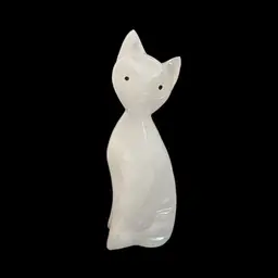Carved White Stone Modernist Sitting Cat Figurine Painted Eyes Selenium Glow Alabaster?
6-3/4” T x 2-1/4” W