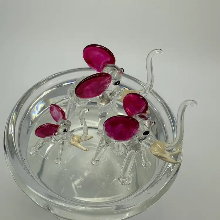 Hand Blown Clear/Pink Art Glass Elephants Set/3