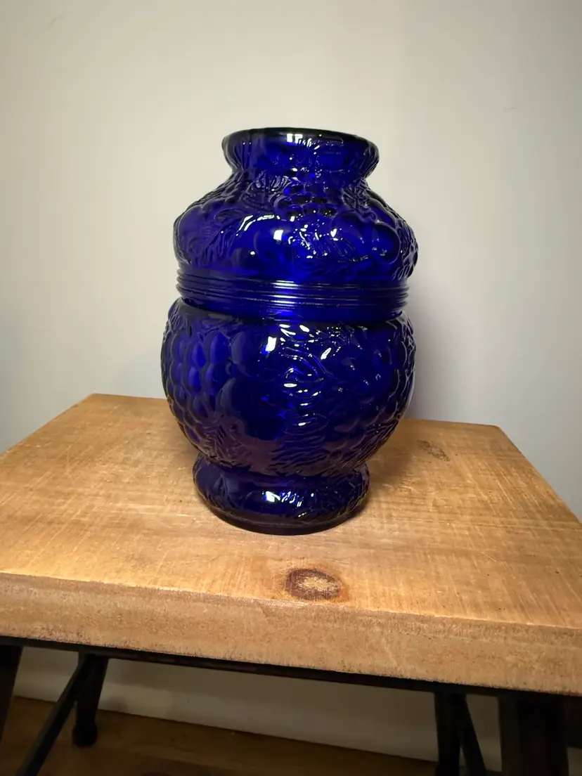Cobalt Blue Glass Candy Canister Jar with Embossed Fruit Motif