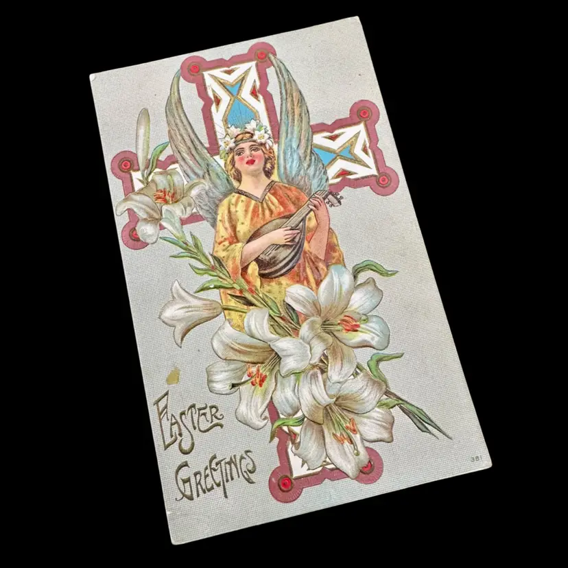 Art Nouveau Easter Lillies Angel Cross Antique Postcard, Embossed, Unused 1910