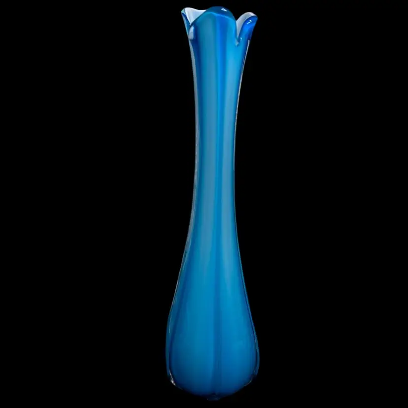 Art Glass Italian Blue And White Cased Glass Stretch Swung Vase, Unsigned 23.25”T 6”W