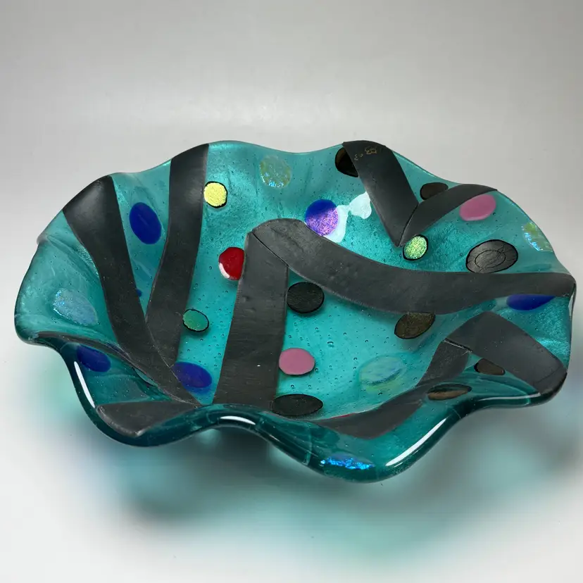Signed Kiln Fired Fused Art Glass Bowl Dichroic Iridescent Confetti Dot Black
