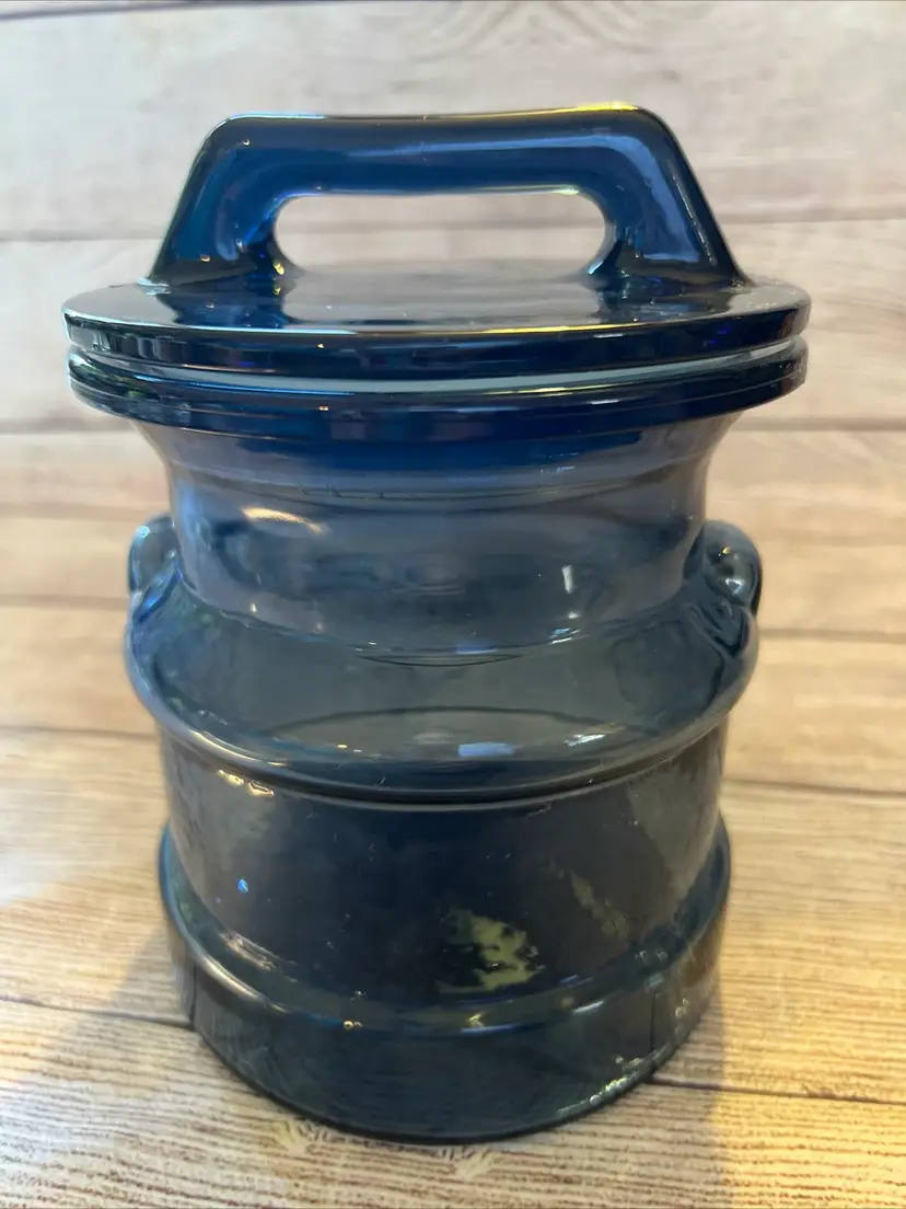 Vintage LE Smith Blue Glass Milk Can Lidded Storage Jar Canister 7.5" Tall