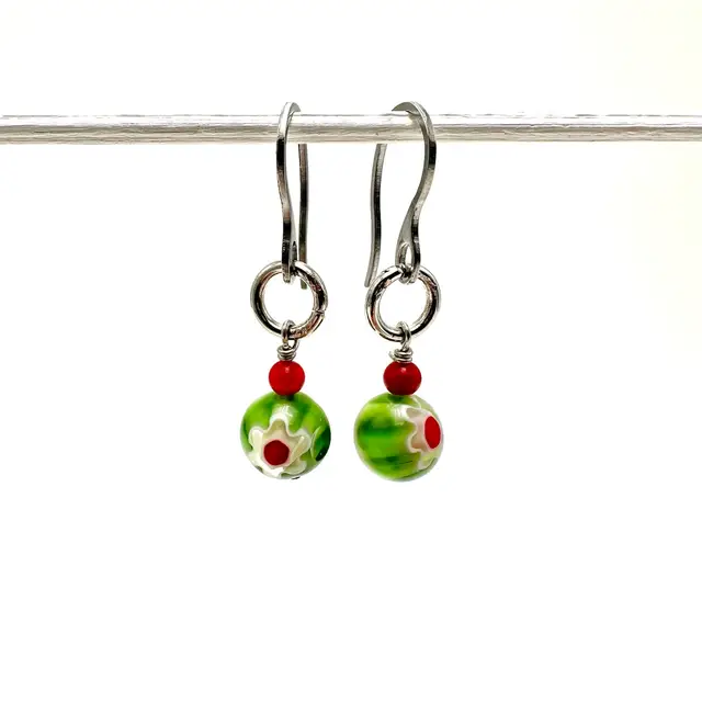 Millefiori Glass Bead Earrings Pierced Stainless Hook 1.25”