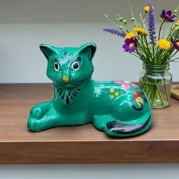 Vintage Green Talavera Cat Folk Art Figurine Mexican Pottery