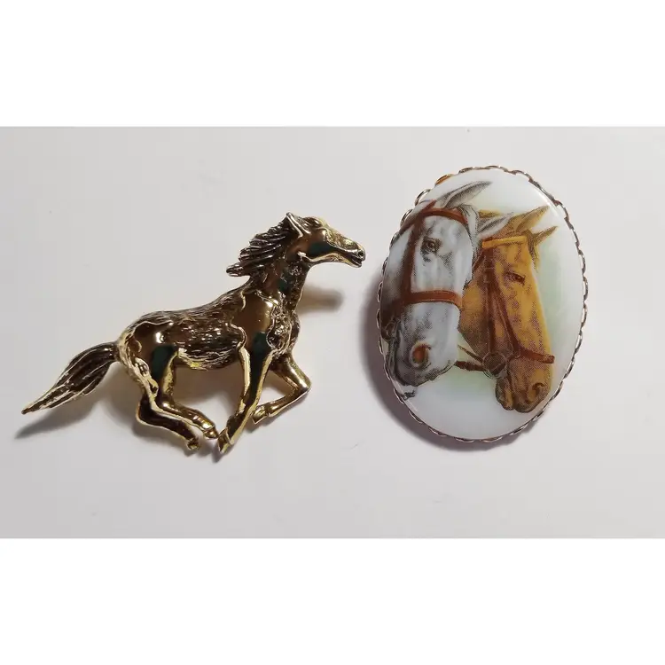 Vintage HORSE Heads Portrait Porcelain Cameo Oval Brooch + Gold tone Running Horse Brooch