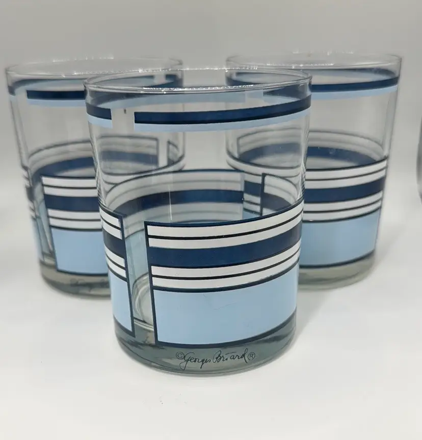 Georges Briard LowBall Rocks Glasses White & Blue Stripe Set of 3