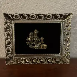 Framed Vintage Silson Pewter Pin 1940's, children on fence 9x7