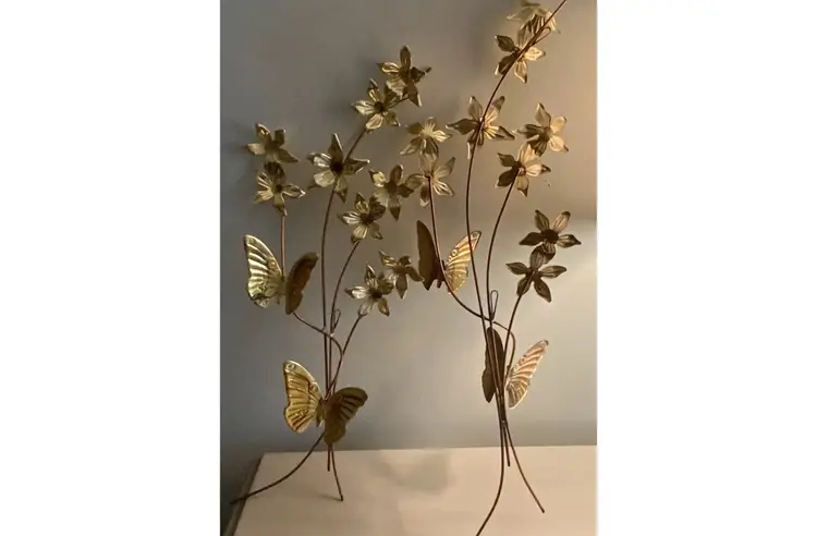 Vintage 1970’s Homco Butterfly Flower Metal Wall Decor Hanging Brass Gold Tone, Set of 2