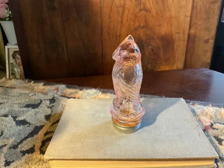 Owl, Pink Glass With Metal Screw On Base 1950’s