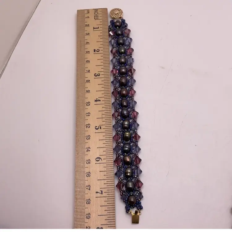 Purple Swarovski Crystal & Pearl Bracelet with Gold Filled Filagree Box Clasp Artisan Made 7.5”