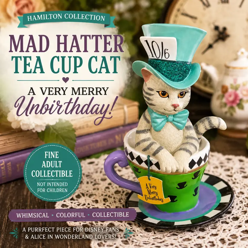 Hamilton Collection Disney “A Very Merry Unbirthday” Mad Hatter Cat Figurine Collectible