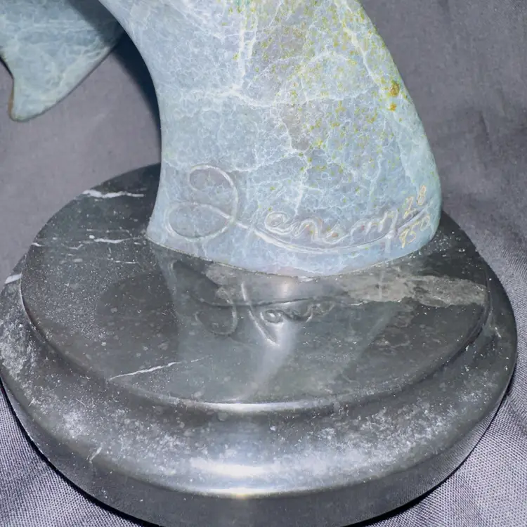 #12 A Scott Hanson Signed Sculpture “Winter Song” Green And Gold Tone Edge Bronze Whales Tail On A Marble Spinning Base #28/950