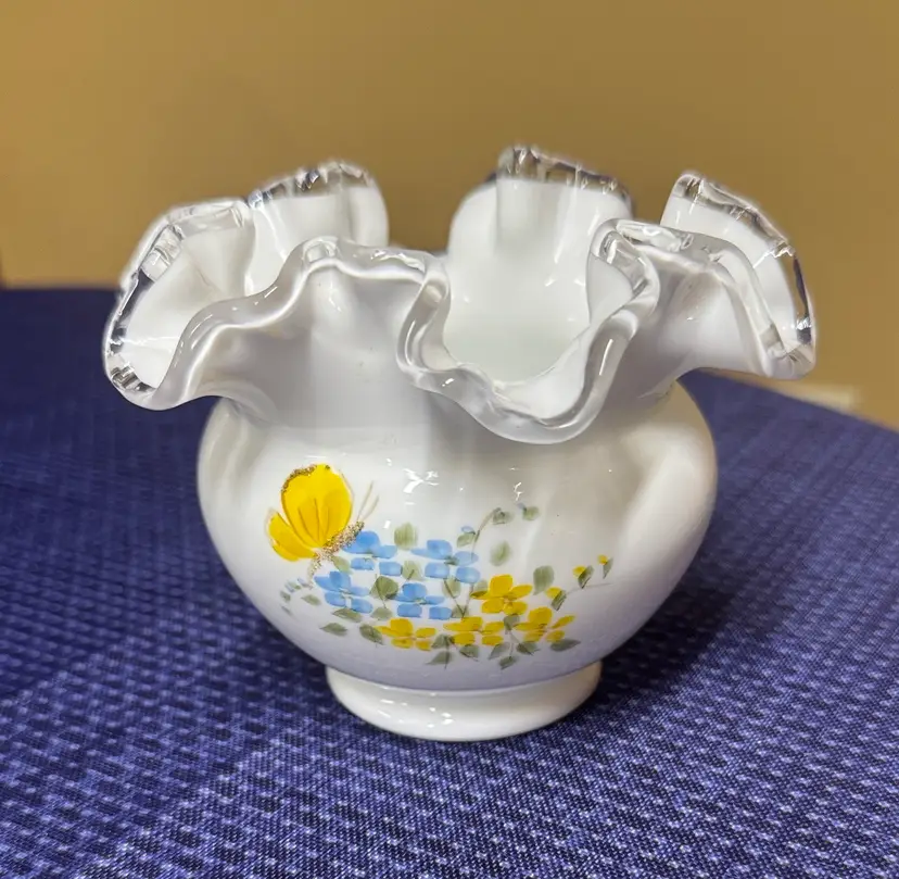 Fenton silvercrest signed white vase ruffled edge floral and butterfly design 4”