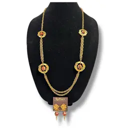 017. Rare Vintage Raffine Gold Cloisonne Beaded Station Necklace With Clip On Earrings. 34 Inches Length