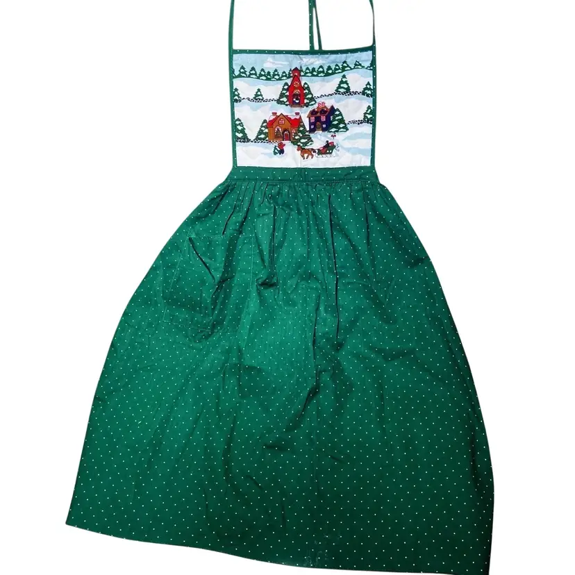 1980s CSC 1989 Christmas Full Dress Skirt Kitchen Apron Green Polka Dot (up to 62" waist) Vintage