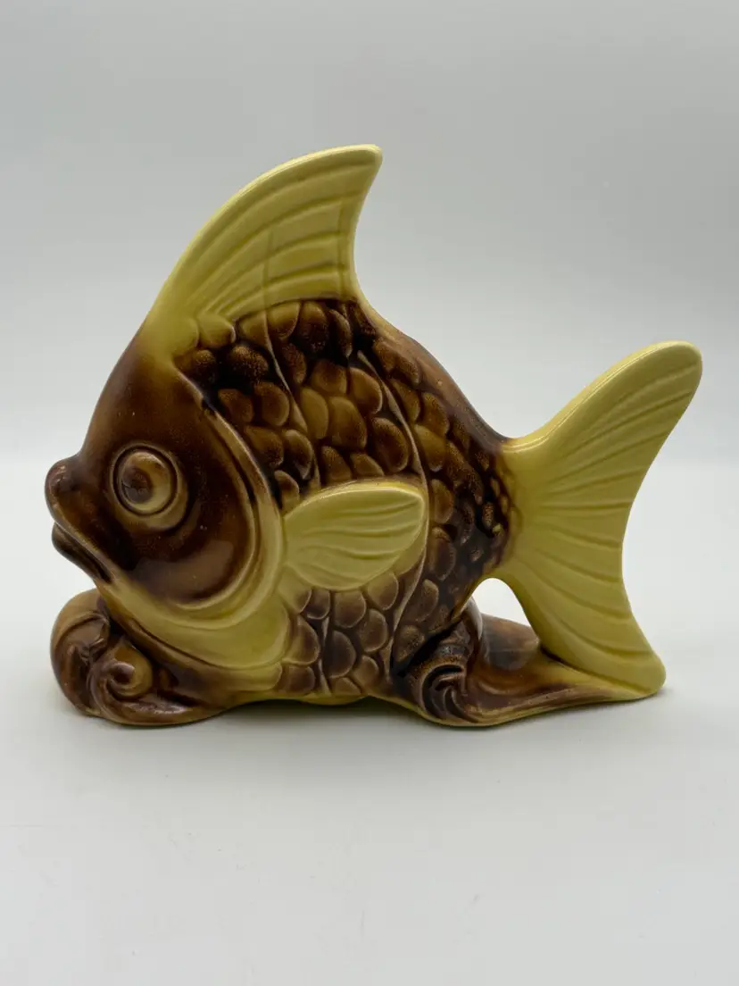 Big Brown and Yellow Ceramic Fish Planter Wall Pocket