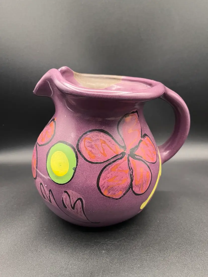 #35 Signed Lasser Ceramics Purple Poppy Whimsical Floral Art Pottery Pitcher Vase 7”