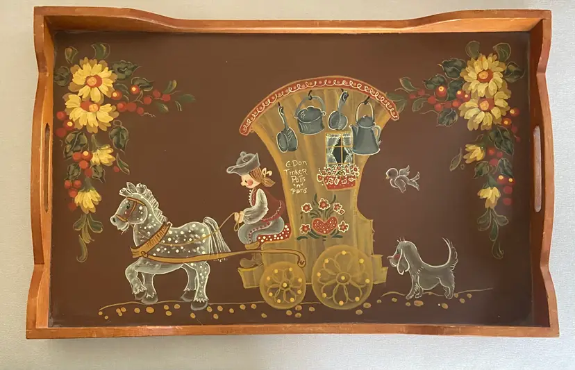 Hand Painted Folk Art Wood Serving Tray, 18" x 11.5"
