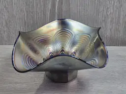 Fenton Carnival Glass Ruffled Hat Vase Bowl Peacock Tail Cobalt Blue Bowl