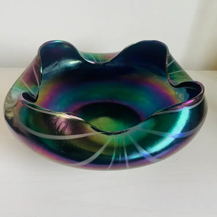 Loetz or Rindskopf Iridescent Line Carnival Cobalt Glass Centerpiece Bowl