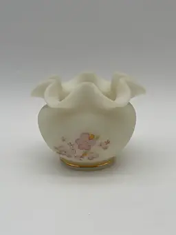 Vintage Fenton Custard Glass Hand Painted Art Glass Ruffled Bowl
