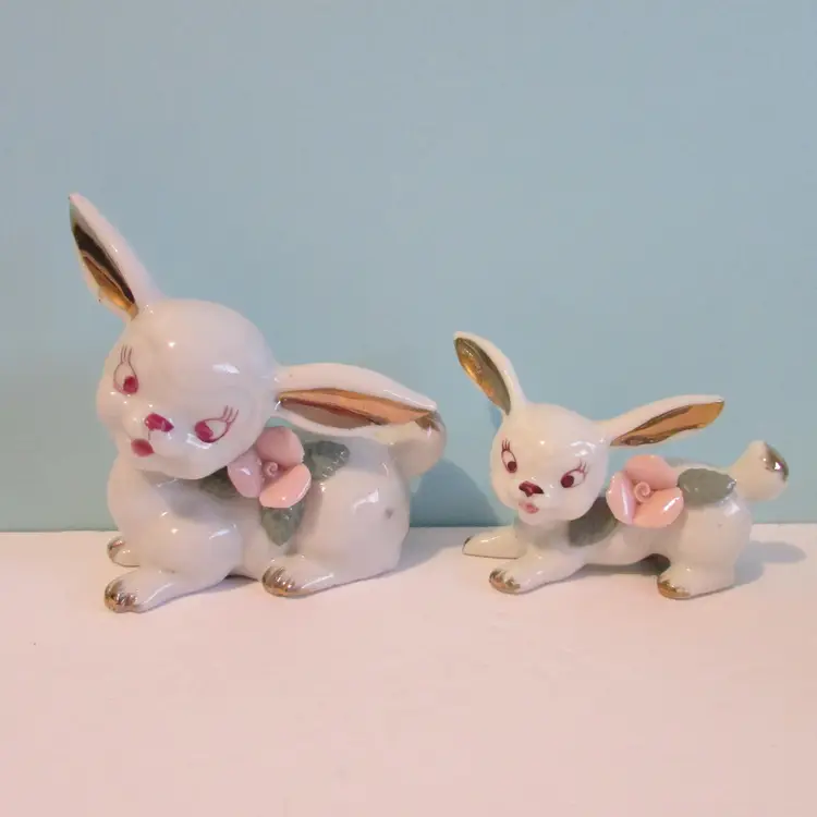 lot of 2 ceramic Chase hand painted bunny rabbit deer figures rose Spring decor