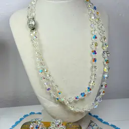 Vintage Ab Crystal Necklace & Clip On Earring Set