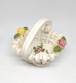 Italian Hand Painted Floral Porcelain Open Weave Lattice Basket with Handle