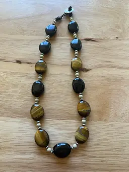 Vintage Tiger Eye Black Lucite Chunky Beaded Sterling Toggle Necklace
